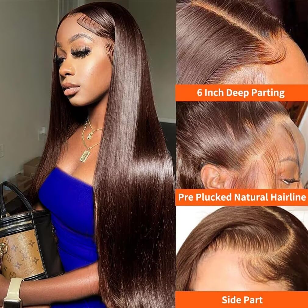 Arsola 30 Inch Chocolate Brown 13x6 Lace Front Wig Human Hair 180 Density Pre Plucked 13x6 HD Transparent Straight Lace Frontal Wig #4 Colored Wigs for Women