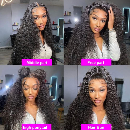 Rozilo Aomllute 30 Inch Deep Wave Lace Front Wigs Human Hair 200 Density 13x4 HD Lace Frontal Wigs Human Hair Pre Plucked Deep Curly Glueless Wigs Human Hair for Women Natural Black