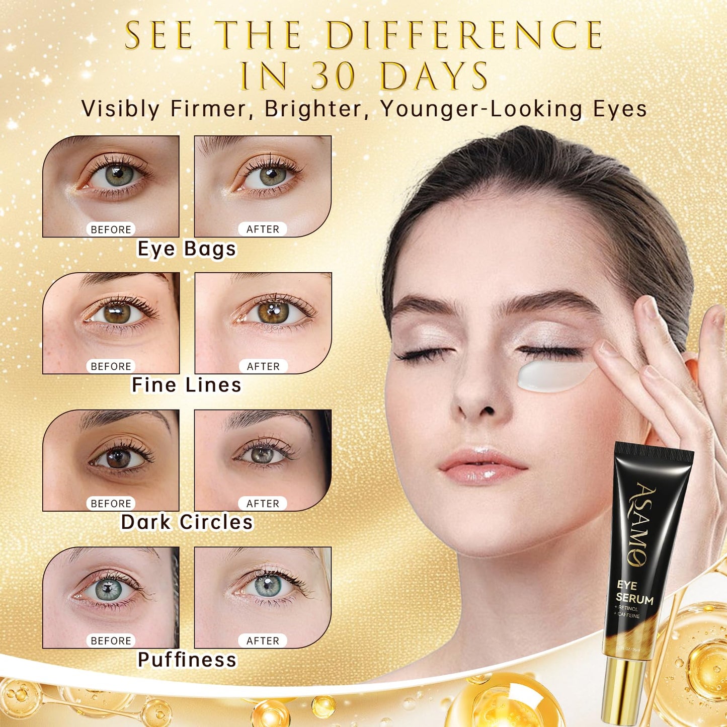 ASAMO Retinol&Caffeine eye serum, Fast Absorbing, Correction for Puffy Eye Bags Fine Lines Dark Circles Wrinkles, 48Hr Hydrating Under Eye Cream, 0.7fl.oz