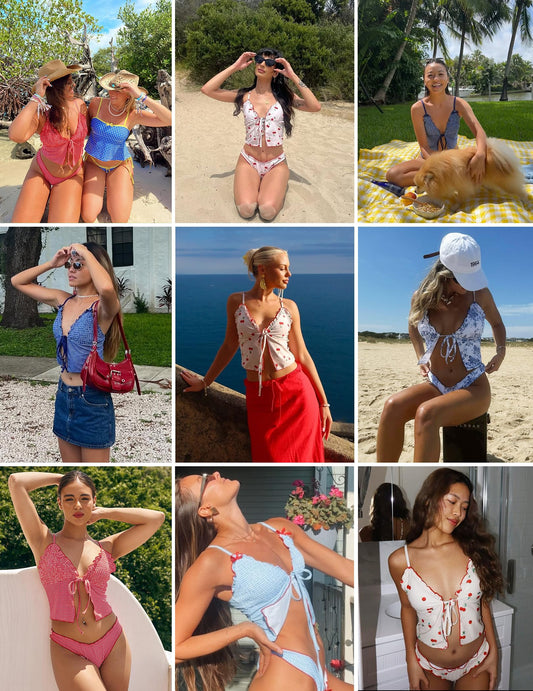 seamoly Womens Sexy Tankini Set Two Piece Bikini Sets Tie Front Ruffle Trim Bathing Suit Cheeky Swimsuits Cherry Print M