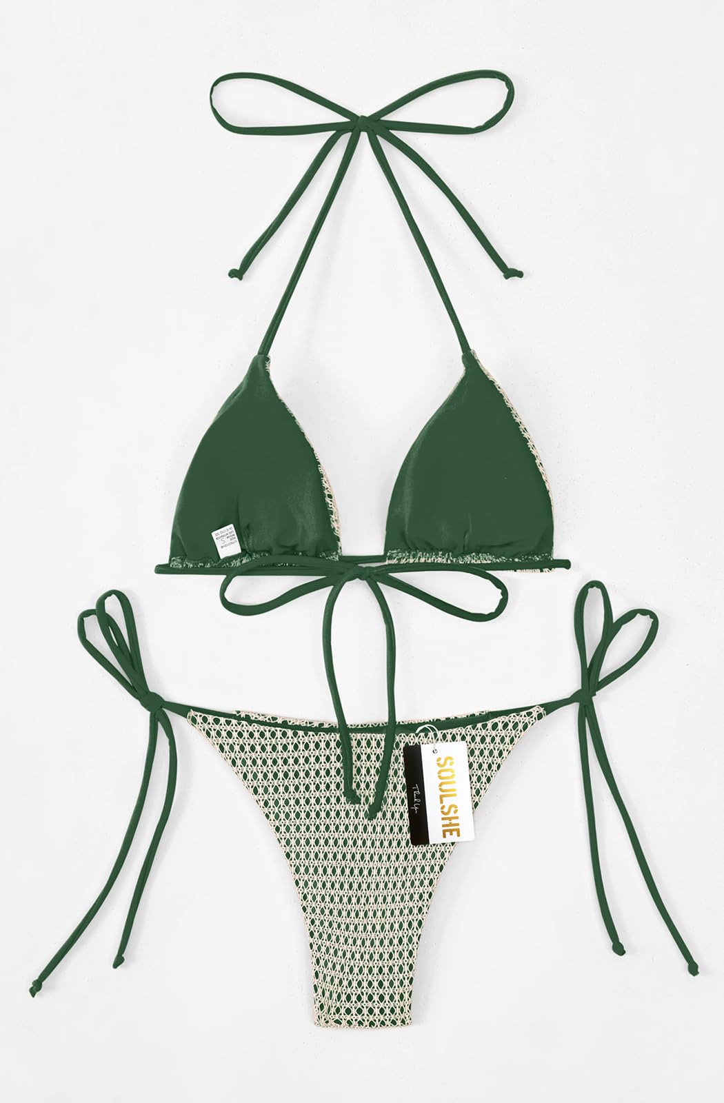 SOULSHE Summer Bikinis Halter String Bikini Set Sexy Thong Cheeky Two Piece Swimsuits Bathing Suits Swimwear Dark Green Small