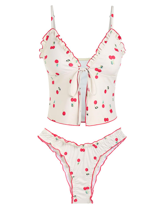 seamoly Womens Sexy Tankini Set Two Piece Bikini Sets Tie Front Ruffle Trim Bathing Suit Cheeky Swimsuits Cherry Print M