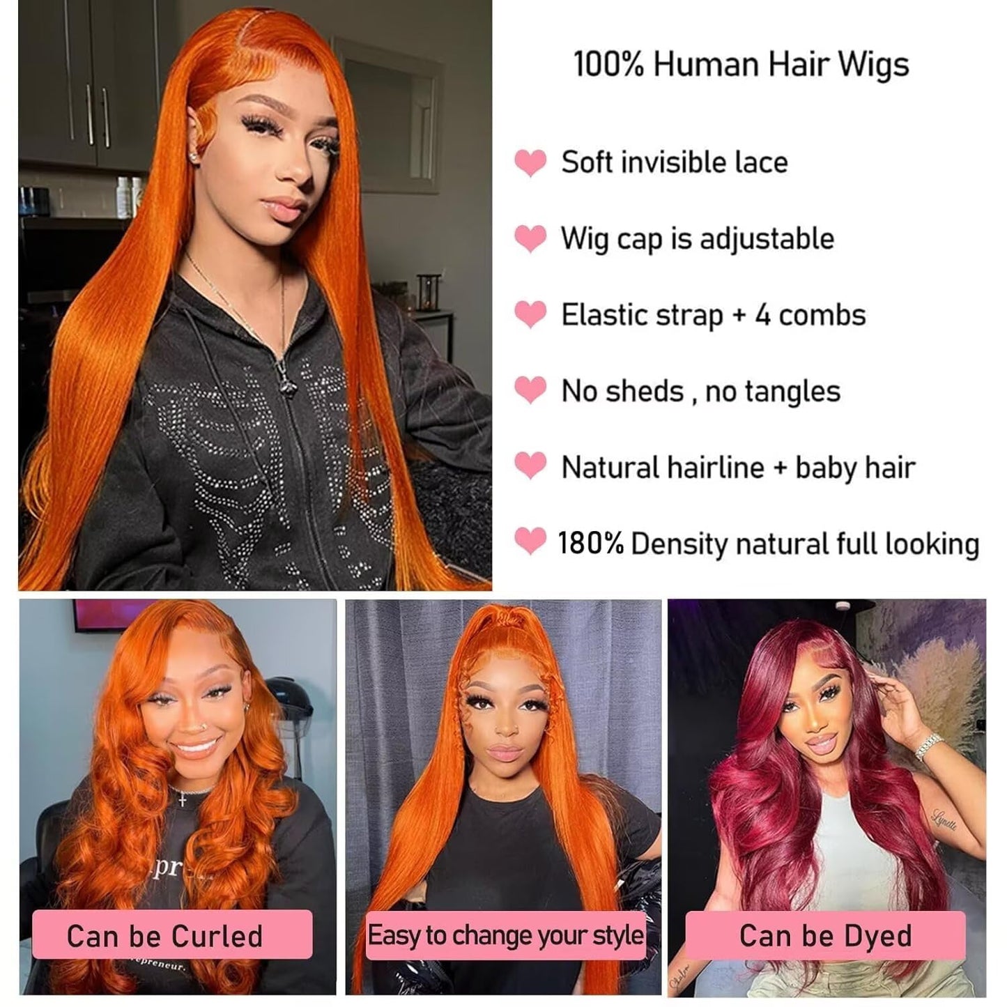 Arsola Ginger Orange 13x6 Lace Front Wigs Human Hair Straight Ginger Wig HD Transparent Lace Frontal Wigs #350 Colored Human Hair Wig Pre Plucked With Baby Hair 180 Density 30 Inch