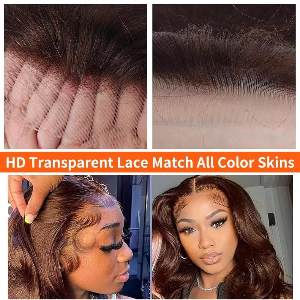 Arsola 30 Inch Chocolate Brown 13x6 Lace Front Wig Human Hair 180 Density Pre Plucked 13x6 HD Transparent Straight Lace Frontal Wig #4 Colored Wigs for Women