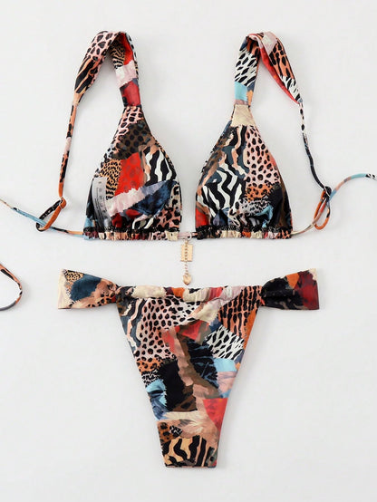 RoseSeek Women's 2 Piece Leopard Floral Bathing Suit Wireless Triangle Swimsuit High Waisted Bikini Sets Multicolor Medium
