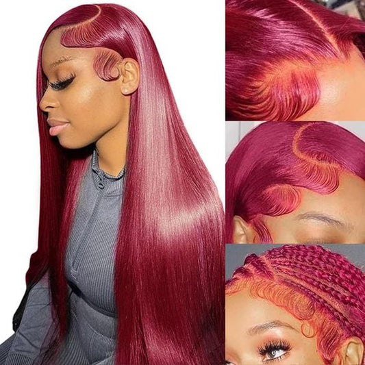 Fiumer Burgundy Wig Human Hair 28inch 13x6 HD Transparent Lace Straight 99J Red Human Hair Wig Colored Reddish Brown Lace Frontal Wigs 180% Density Pre Plucked