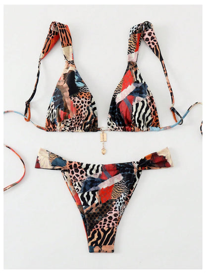 RoseSeek Women's 2 Piece Leopard Floral Bathing Suit Wireless Triangle Swimsuit High Waisted Bikini Sets Multicolor Medium