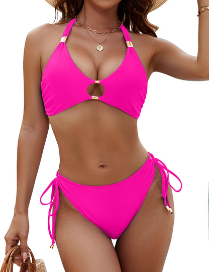 BMJL Womens Bikini Sets Sexy Two Piece Halter Swimsuits String Cutout Bathing Suit Swim Suits 2025(M,Hot Pink