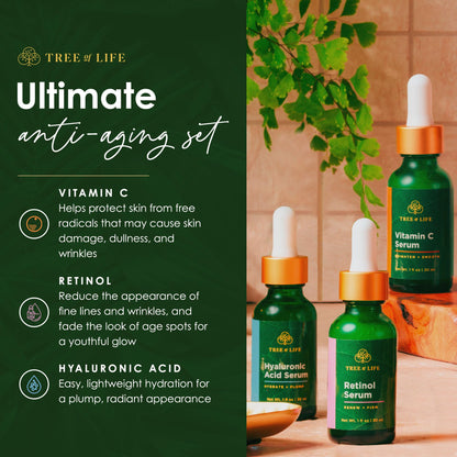 Tree of Life Beauty Facial Skin Care Set, Brightening, Firming, Hydrating, Dry Face, Dermatologist Tested - Trio Power Kit, Vitamin C, Retinol and Hyaluronic Acid, 3 count of 1 Fl Oz