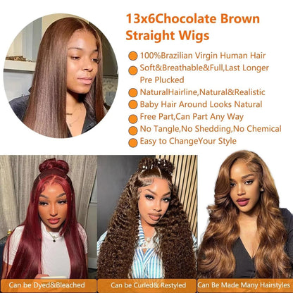 Arsola 30 Inch Chocolate Brown 13x6 Lace Front Wig Human Hair 180 Density Pre Plucked 13x6 HD Transparent Straight Lace Frontal Wig #4 Colored Wigs for Women